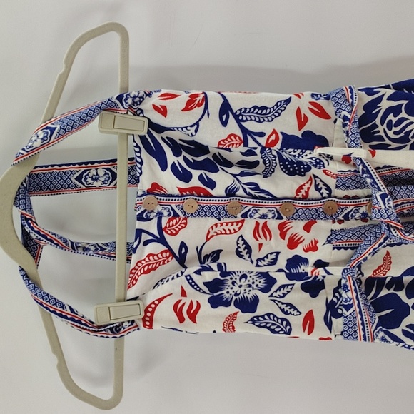 Rachel Zoe Red White Blue Linen Blend Romper Size 8 Button Down Neck Tie - Picture 2 of 10